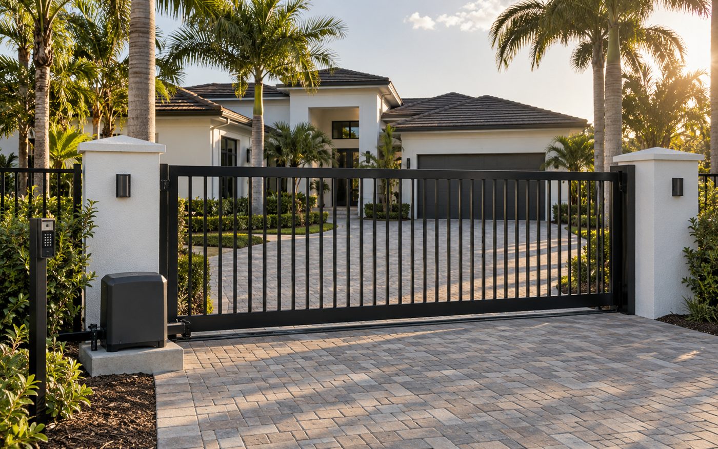Black aluminum sliding driveway gate with its operator motor and keypad post in front of a Florida home
