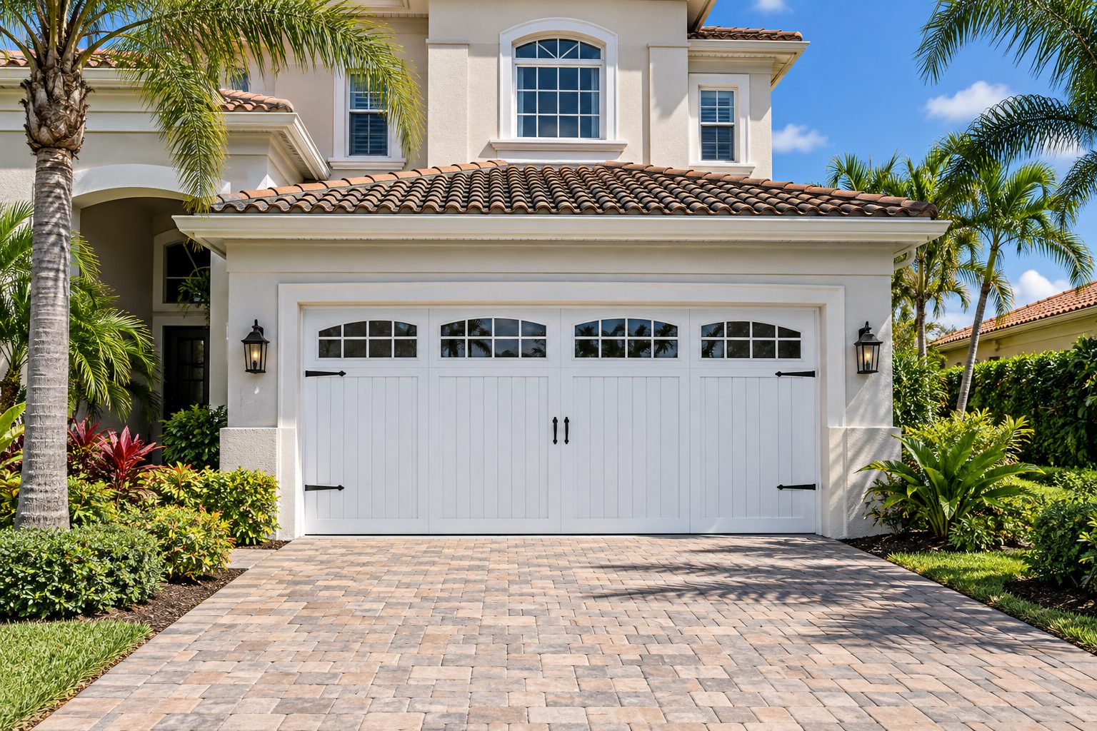 Newly installed white carriage-style garage door with arched windows on a Florida stucco home
