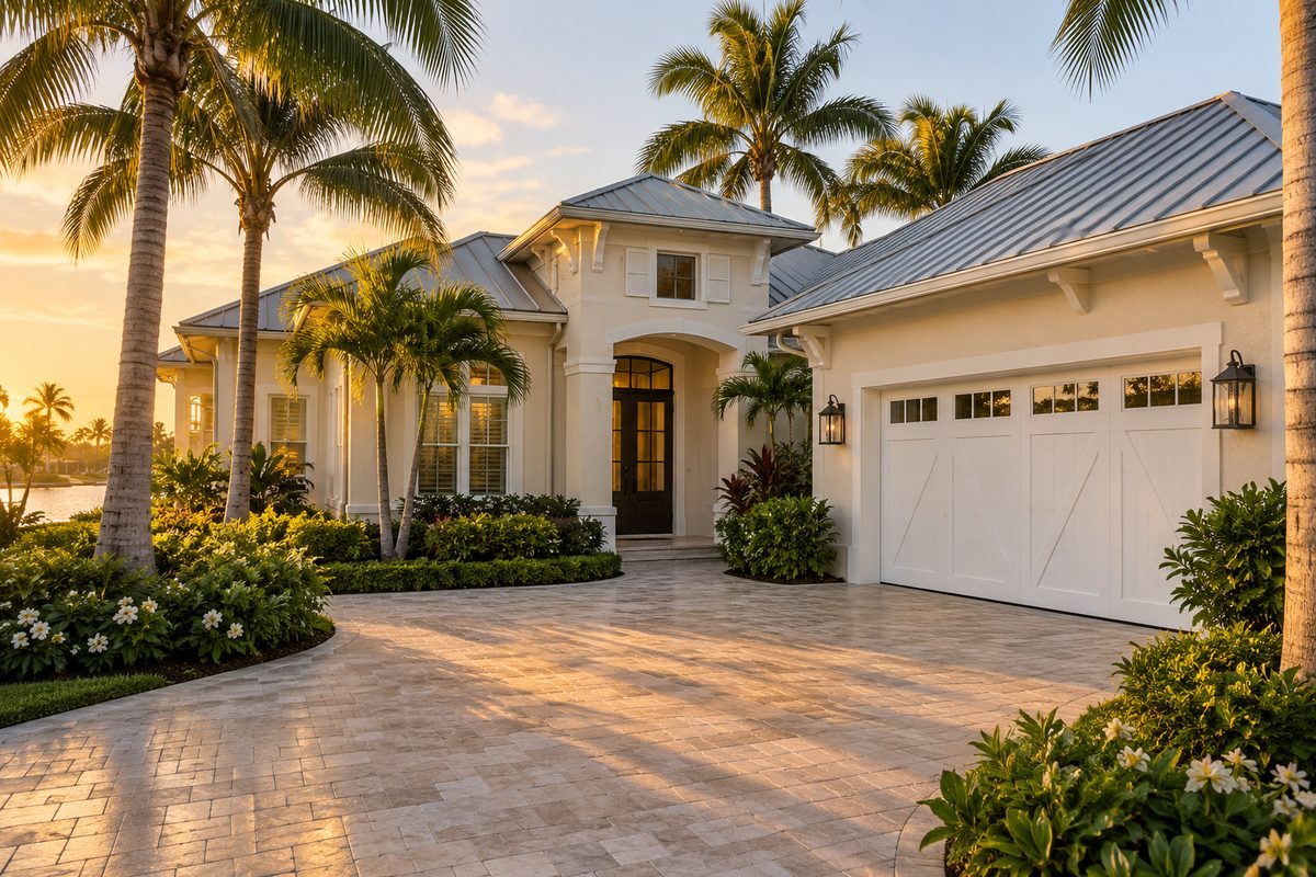 Naples coastal home with a metal roof, coconut palms and a white carriage-style garage door at golden hour