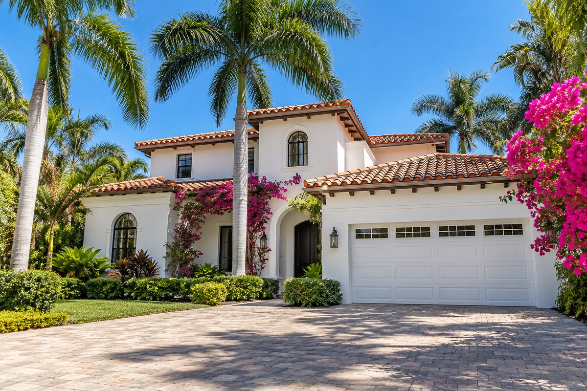Mediterranean-style Miami home with barrel-tile roof, royal palms, bougainvillea and a white two-car garage door
